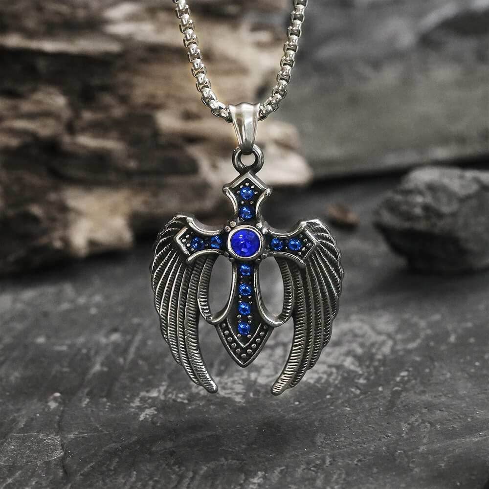 Fallen Angel Wings Stainless Steel Gem Pendant - Stainless Steel / Black