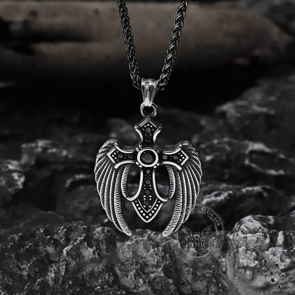 Fallen Angel Wings Stainless Steel Gem Pendant - Stainless Steel / Black