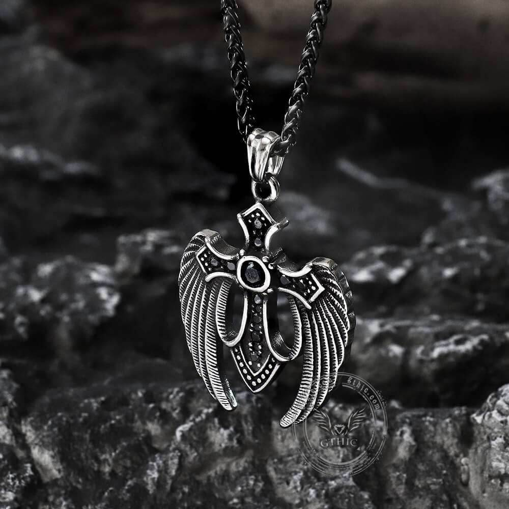Fallen Angel Wings Stainless Steel Gem Pendant - Stainless Steel / Black