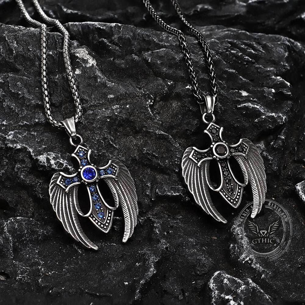 Fallen Angel Wings Stainless Steel Gem Pendant - Stainless Steel / Black