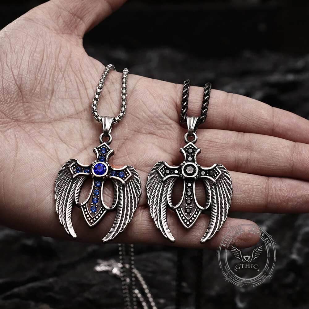 Fallen Angel Wings Stainless Steel Gem Pendant - Stainless Steel / Black