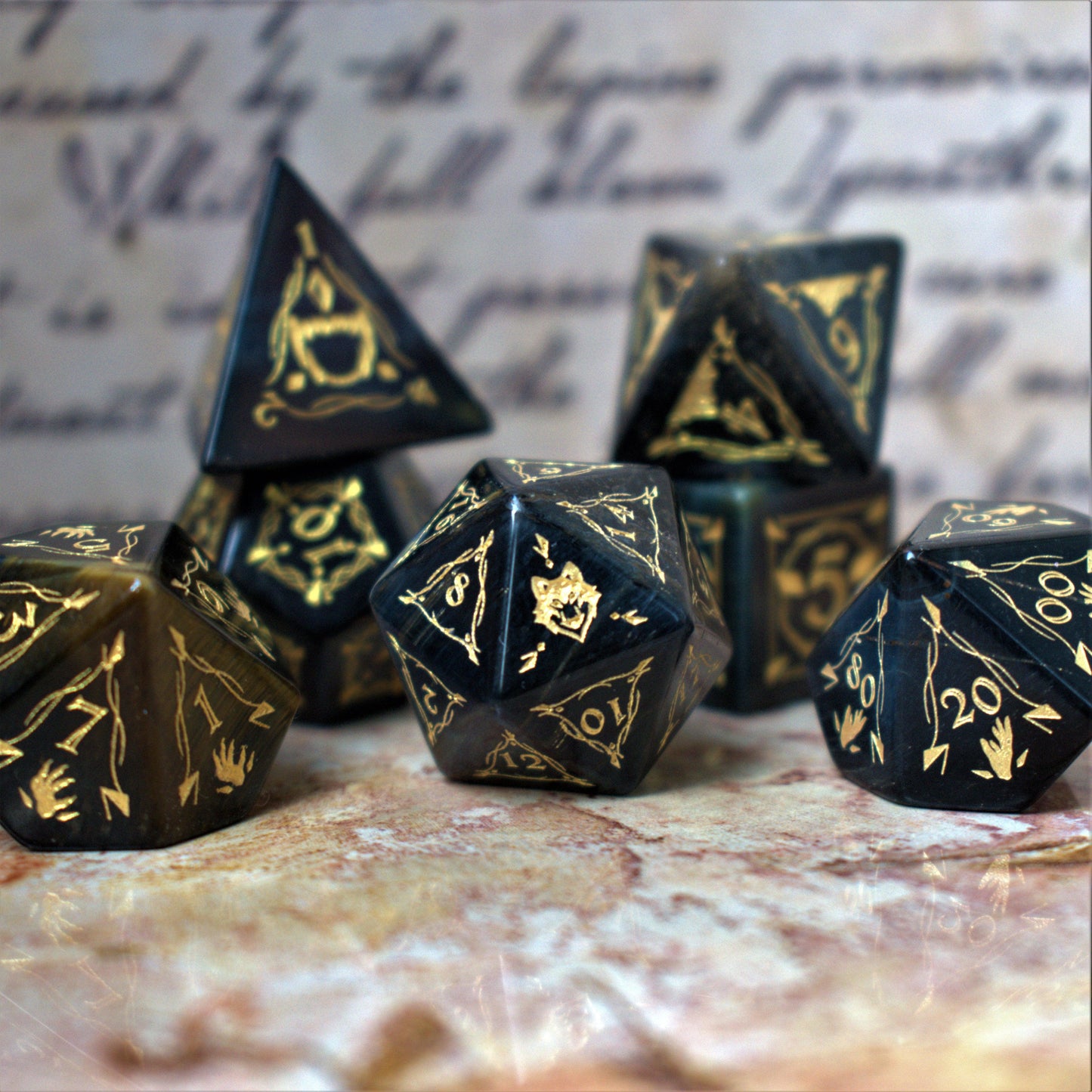 Fangs of Winter Blue Tiger's Eye Stone Dice Set