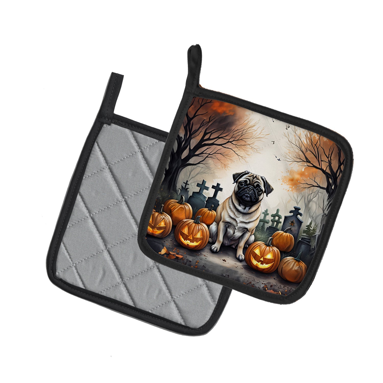 Fawn Pug Spooky Halloween Pair of Pot Holders Kitchen Heat Resistant Pot Holders Sets Oven Hot Pads for Cooking Baking BBQ, 7 1/2 x 7 1/2