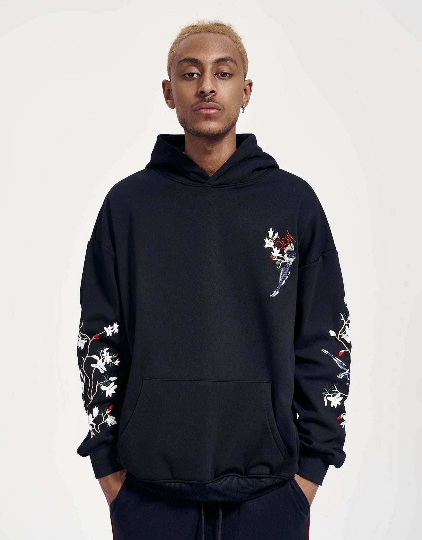 KH9083 Flowers Embroidery Hoodie - Black / S