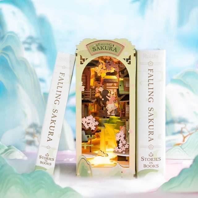 DIY Wooden Book Nook Kit – Sakura Densya Miniature Dollhouse with LED Light - E