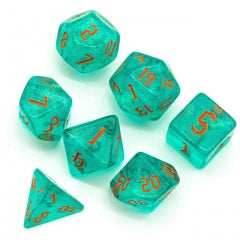 Blue/Teal Glitter Party Dice (Red/Orange font) 7-Dice Set RPG DND - 