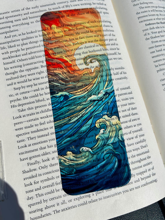 Stained Glass Ocean Waves Bookmark with Fiery Sunset and Cool Blue Sea – Calming Coastal Art for Mindfulness, Therapy, and Book Lovers