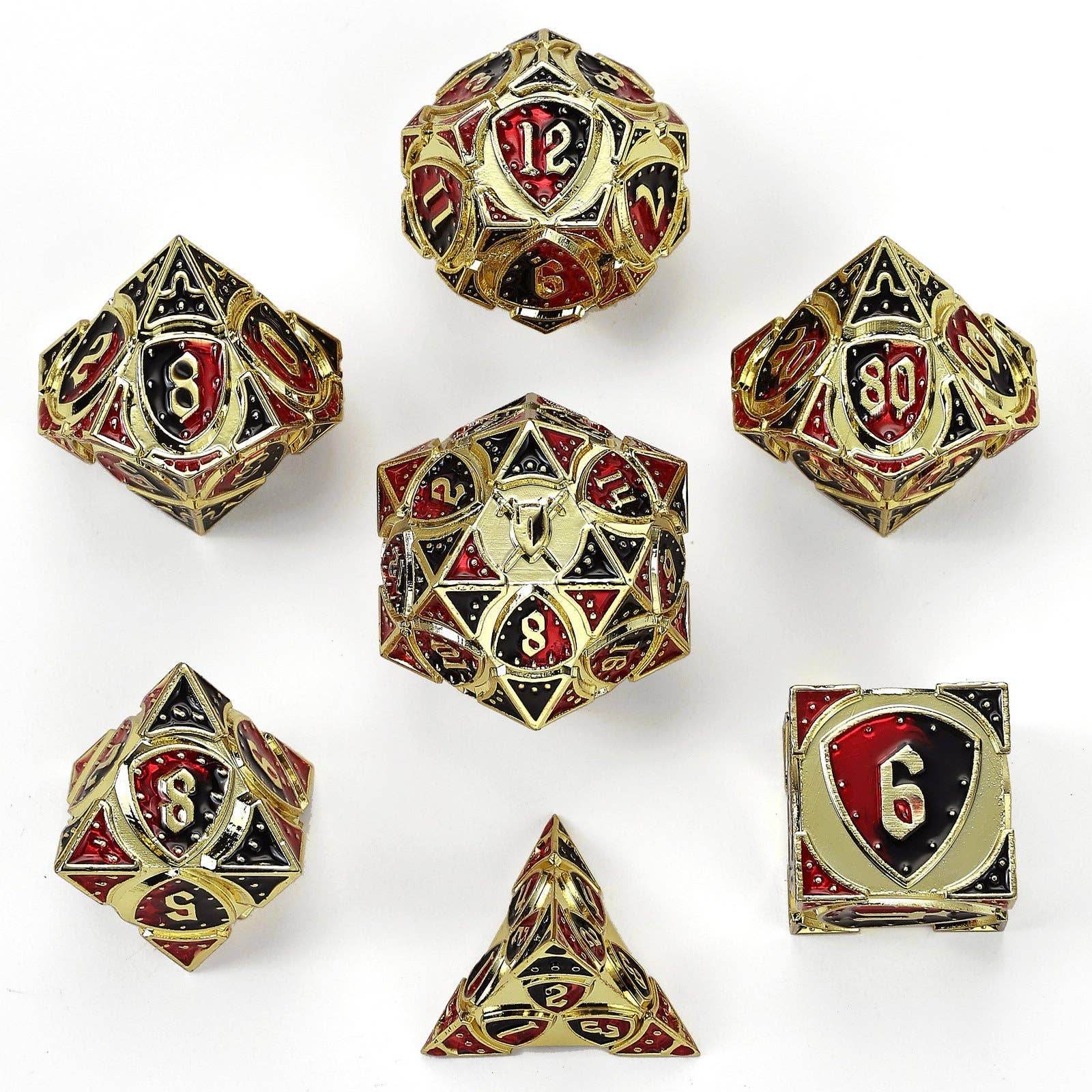Solid Metal Fighter Class RPG Dice Set - Gold w/ Red & Black - 