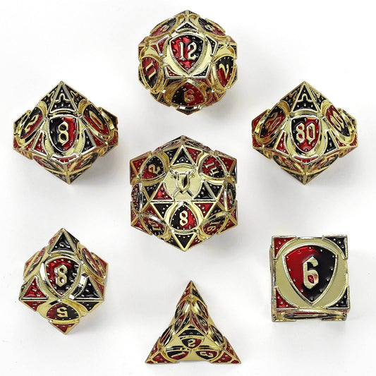 Solid Metal Fighter Class RPG Dice Set - Gold w/ Red & Black - 