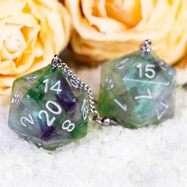 Glitter Green Dice Earrings: D20 Dice Spinning Colors Nerdy RPG Jewelry - 