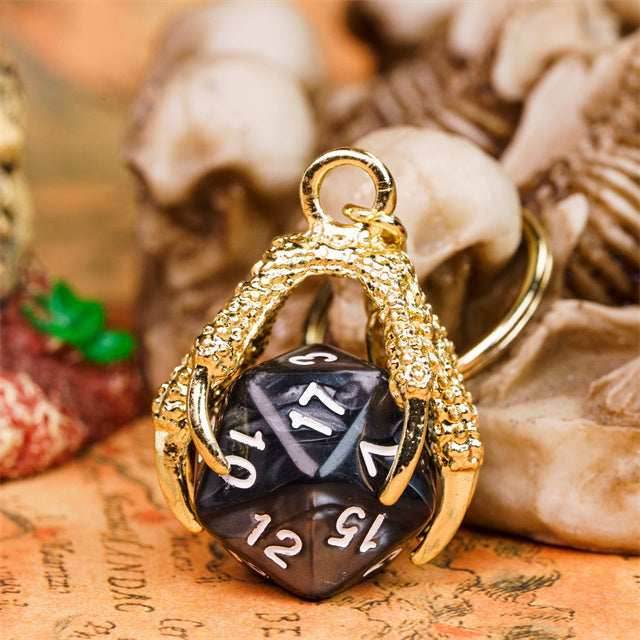 Claw Black D20 Keychain Featuring Gold Metal Dragon Claw + d20 - 