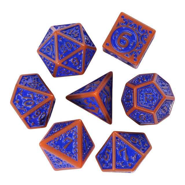 Burnt Orange with Blue Irregular Pattern Fill: 7-Piece Acrylic Dice Set - 