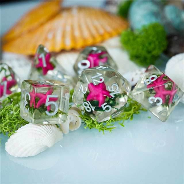 Pink Starfish Dice 7-Dice Set Resin Dungeons and Dragons Dice - 