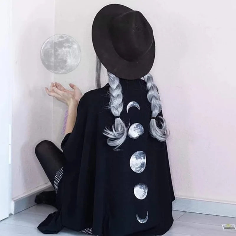 FICHOR Gothic Moon Phase Black Cloak for Women Fall Winter Geometric Y2k Graphic Goth Outwear Oversized Irregular Ponchos Ladies