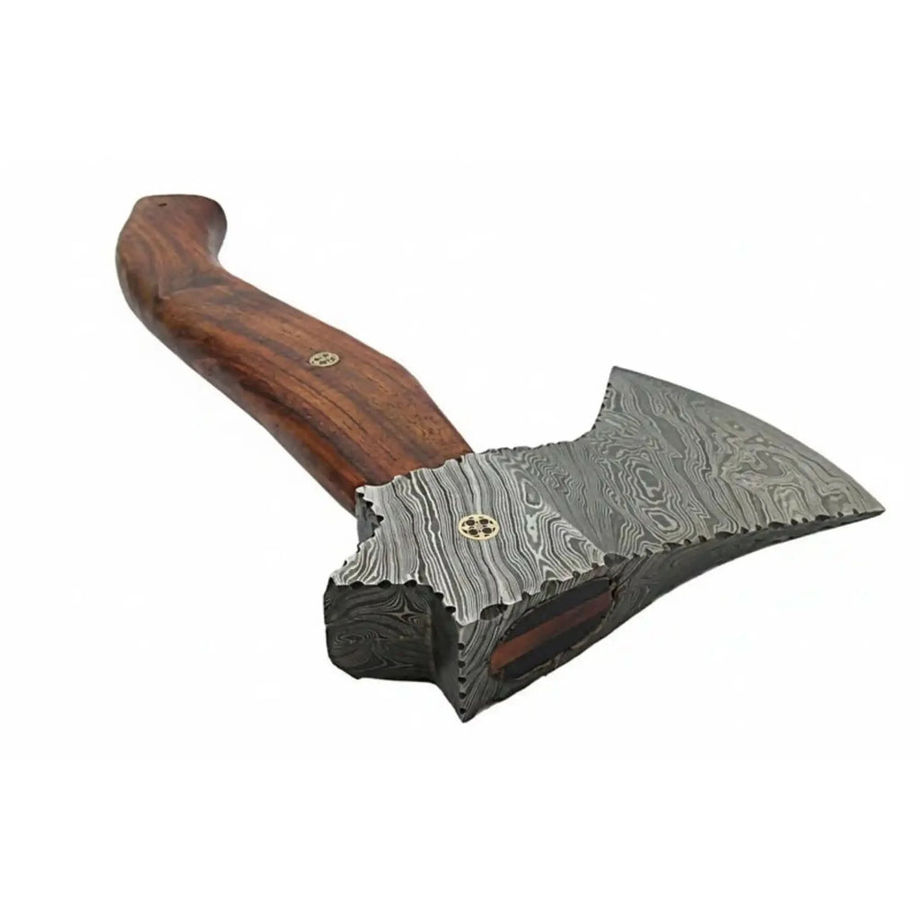 Damascus Camp Axe with Mosaic Pin, Leather Sheath, 19 Inch Rosewood Handle