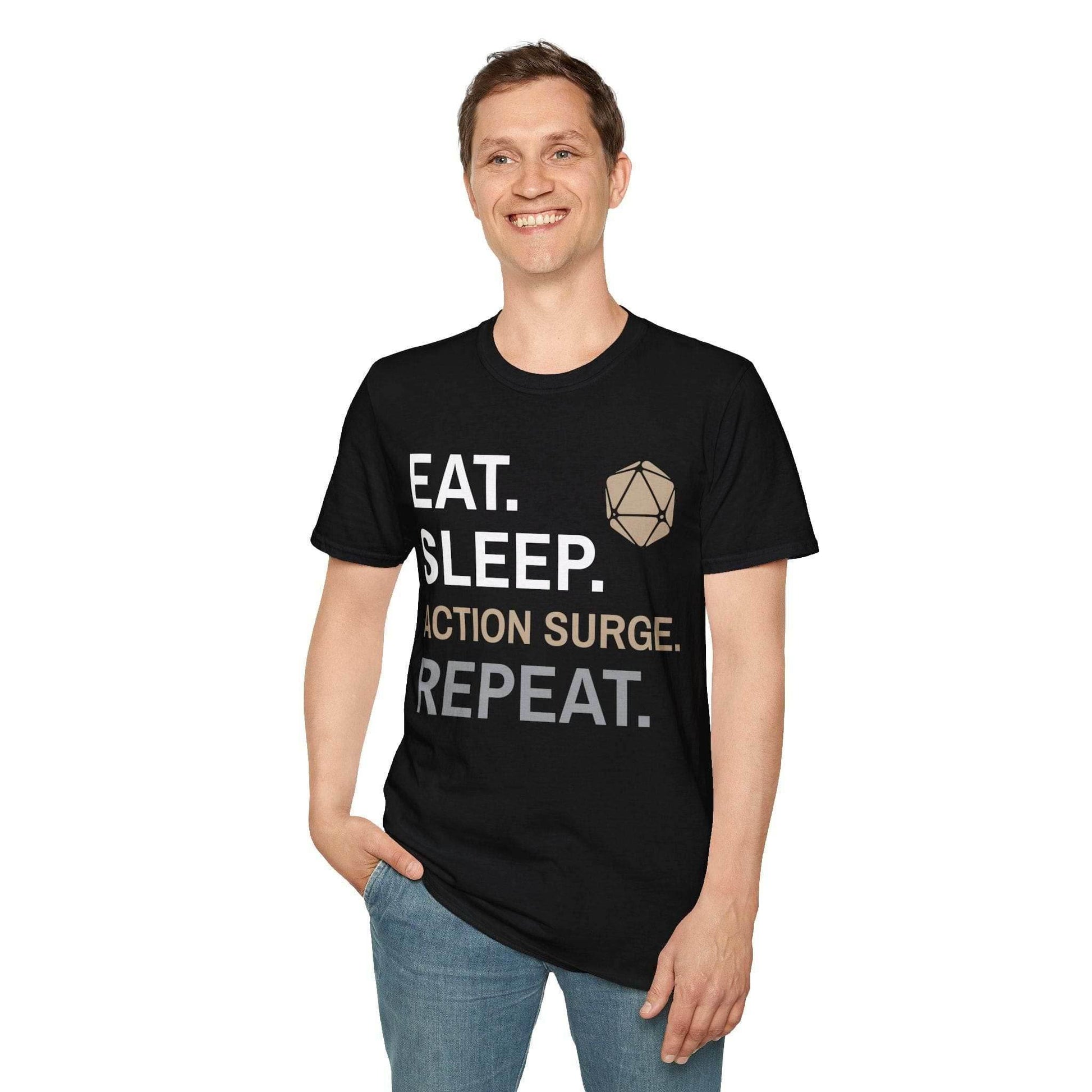 Fighter Class T-Shirt – 'Eat, Sleep, Action Surge, Repeat' - Navy / S