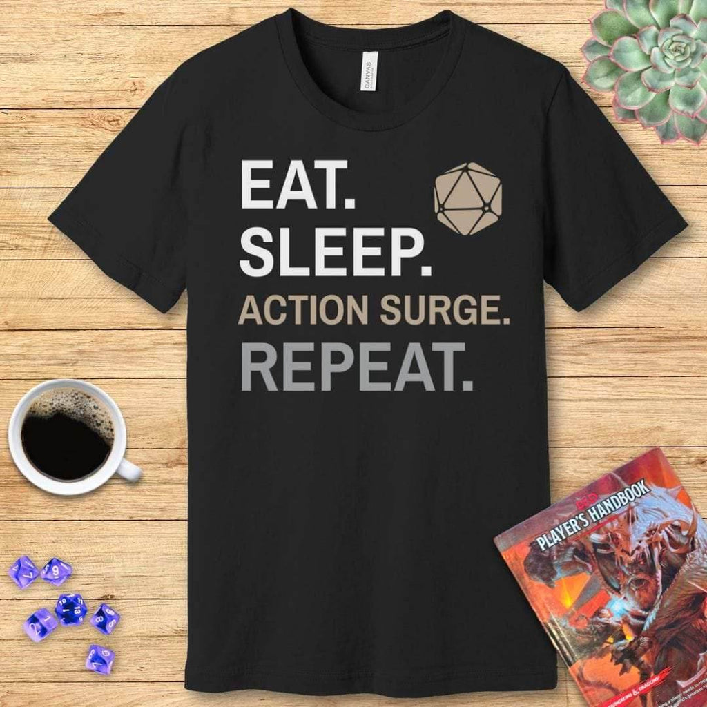 Fighter Class T-Shirt – 'Eat, Sleep, Action Surge, Repeat' - Navy / S
