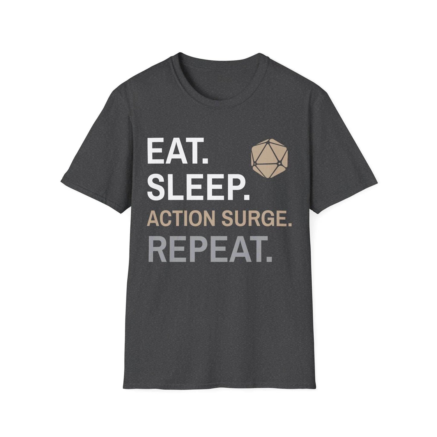 Fighter Class T-Shirt – 'Eat, Sleep, Action Surge, Repeat' - Dark Heather / S