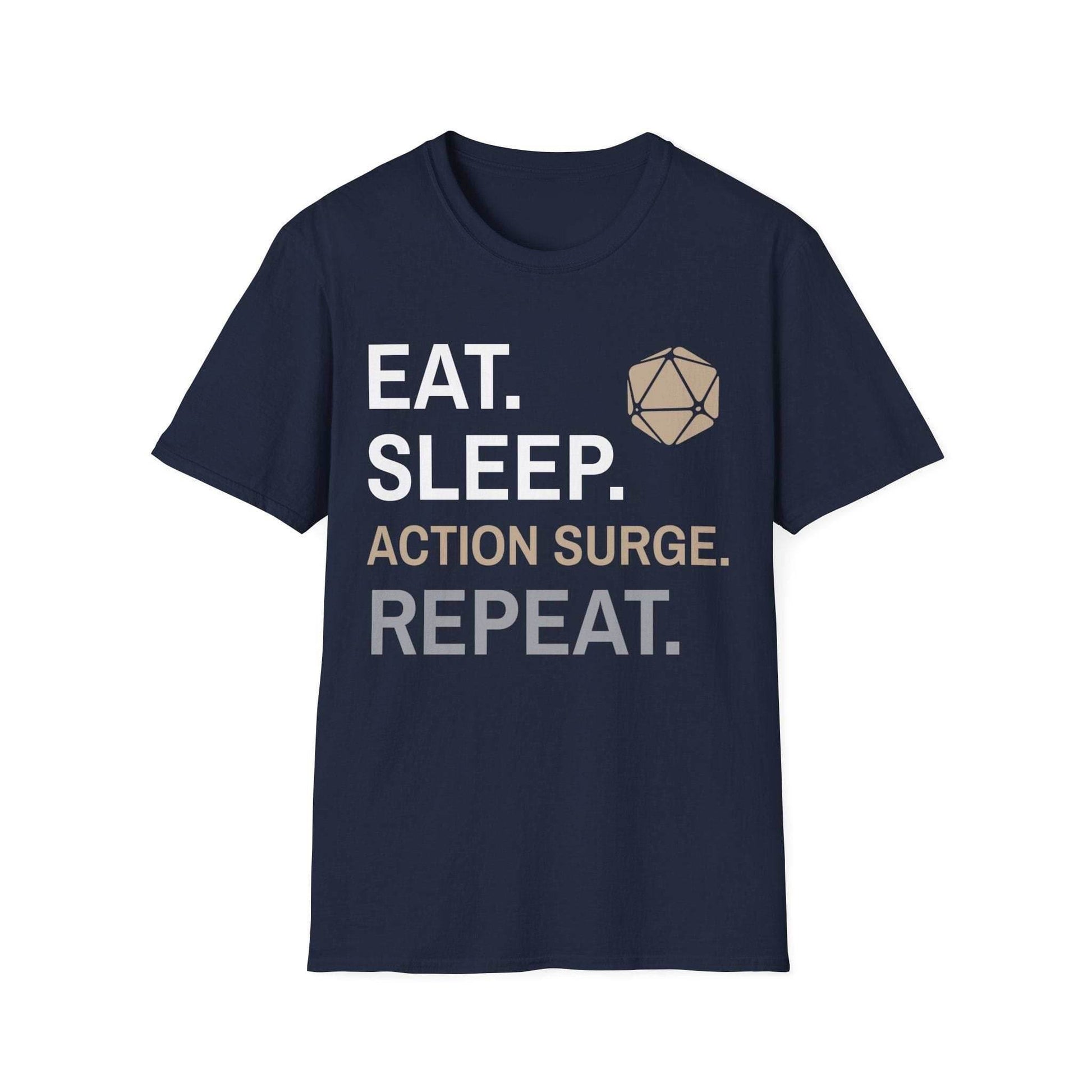 Fighter Class T-Shirt – 'Eat, Sleep, Action Surge, Repeat' - Navy / S