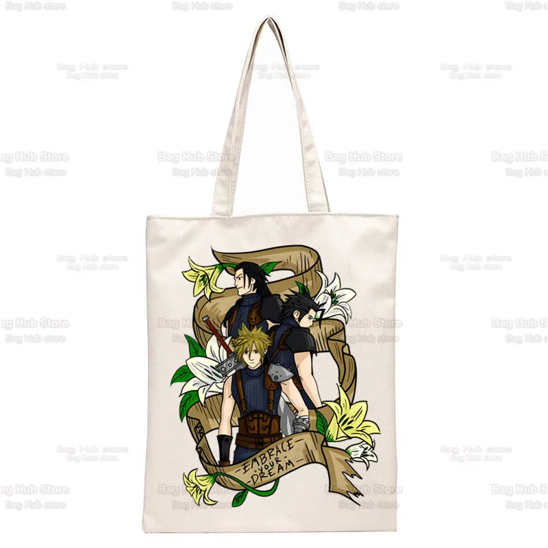 Final Fantasy Game Shopper Bags Shopping Tote Bag Cloud Strife Buster Cactus Shoulder Bag Canvas Large College Handbag