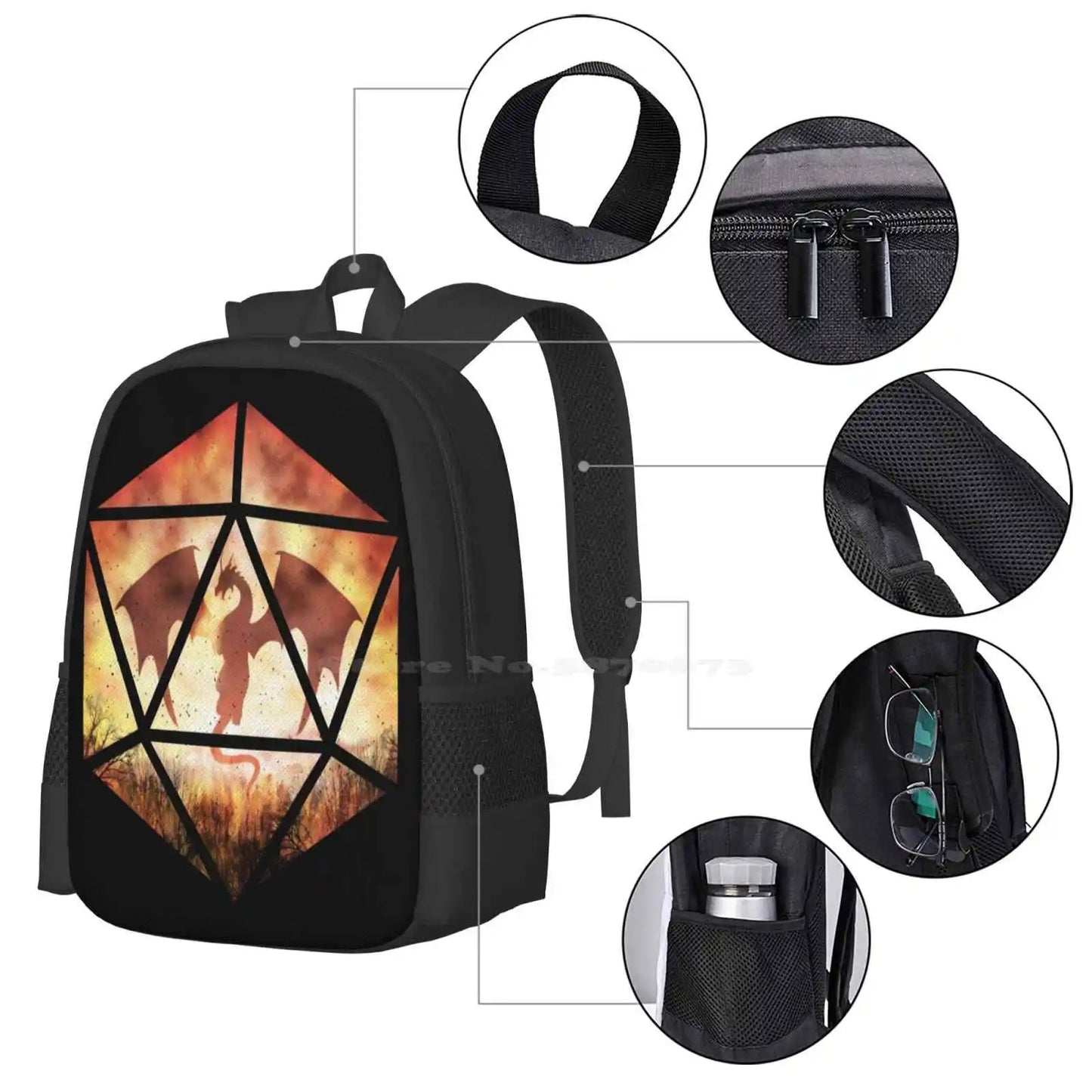 Fire Dragon D20 Teen College Student Backpack Pattern Design Bags D20 Dnd Ttrpg Roleplay Tabletop Nerd Geek Pathfinder And