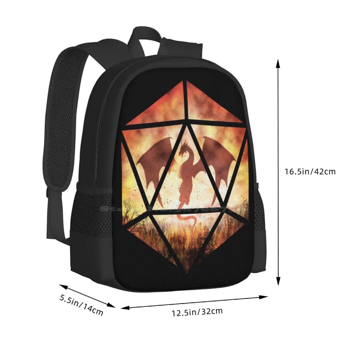 Fire Dragon D20 Teen College Student Backpack Pattern Design Bags D20 Dnd Ttrpg Roleplay Tabletop Nerd Geek Pathfinder And