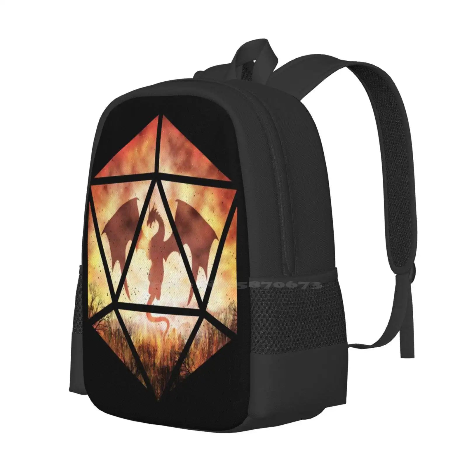 Fire Dragon D20 Teen College Student Backpack Pattern Design Bags D20 Dnd Ttrpg Roleplay Tabletop Nerd Geek Pathfinder And