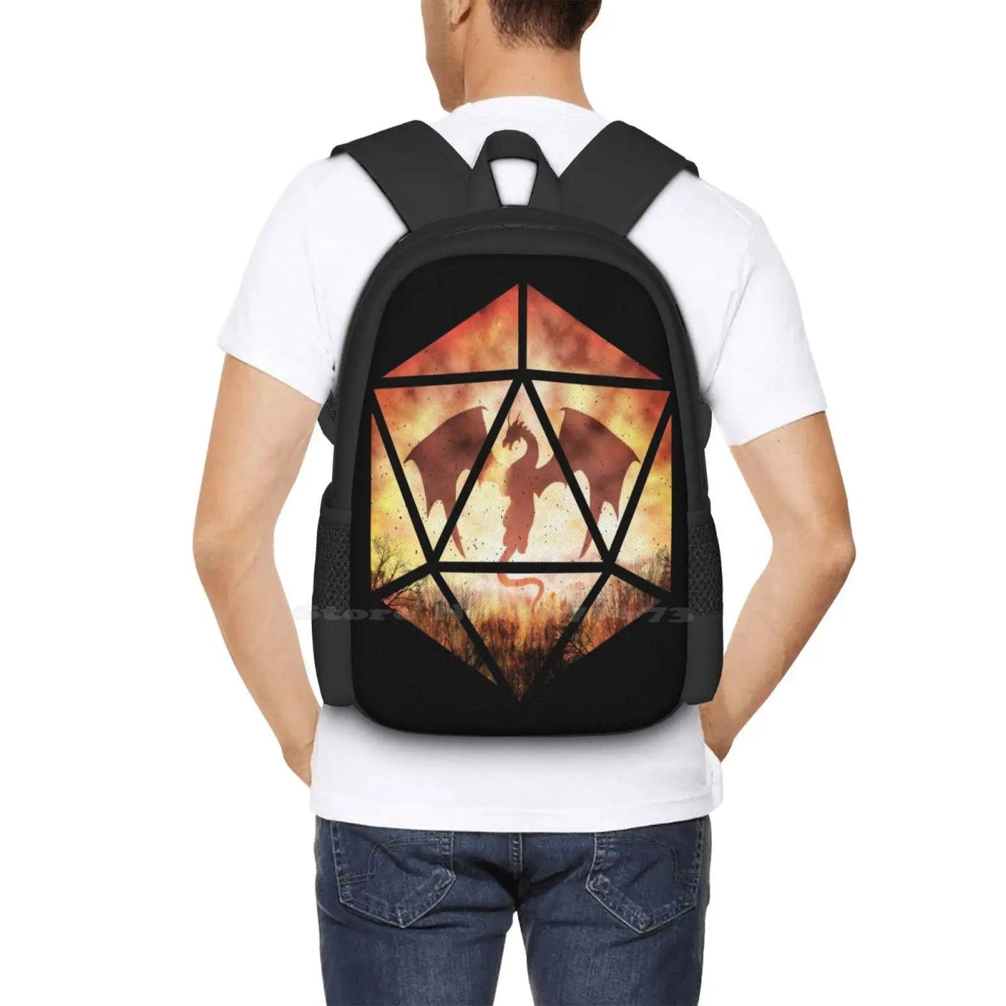 Fire Dragon D20 Teen College Student Backpack Pattern Design Bags D20 Dnd Ttrpg Roleplay Tabletop Nerd Geek Pathfinder And