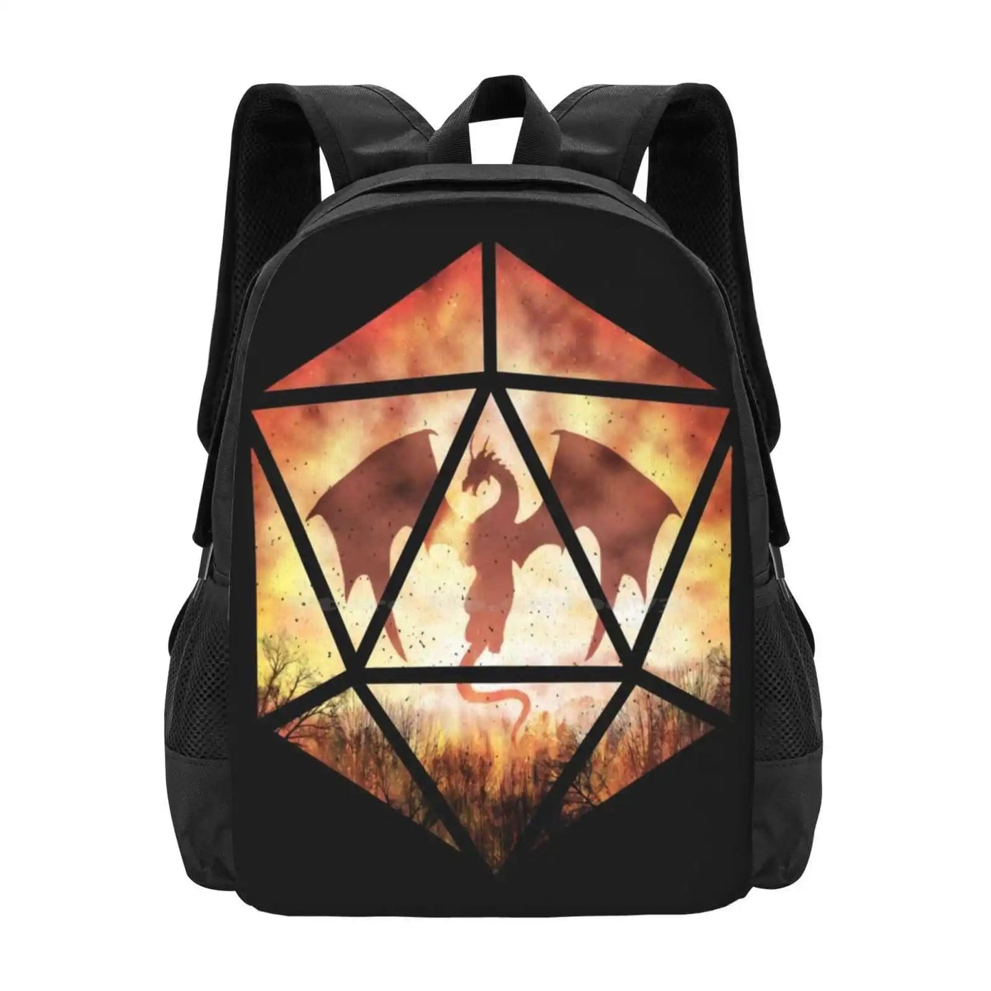 Fire Dragon D20 Teen College Student Backpack Pattern Design Bags D20 Dnd Ttrpg Roleplay Tabletop Nerd Geek Pathfinder And