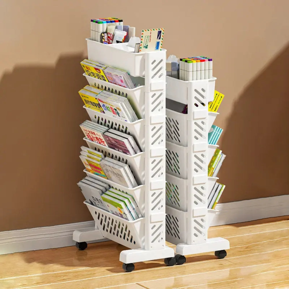 Floor Mounted Movable Bookshelf with Wheels Classroom Desk Storage Rack