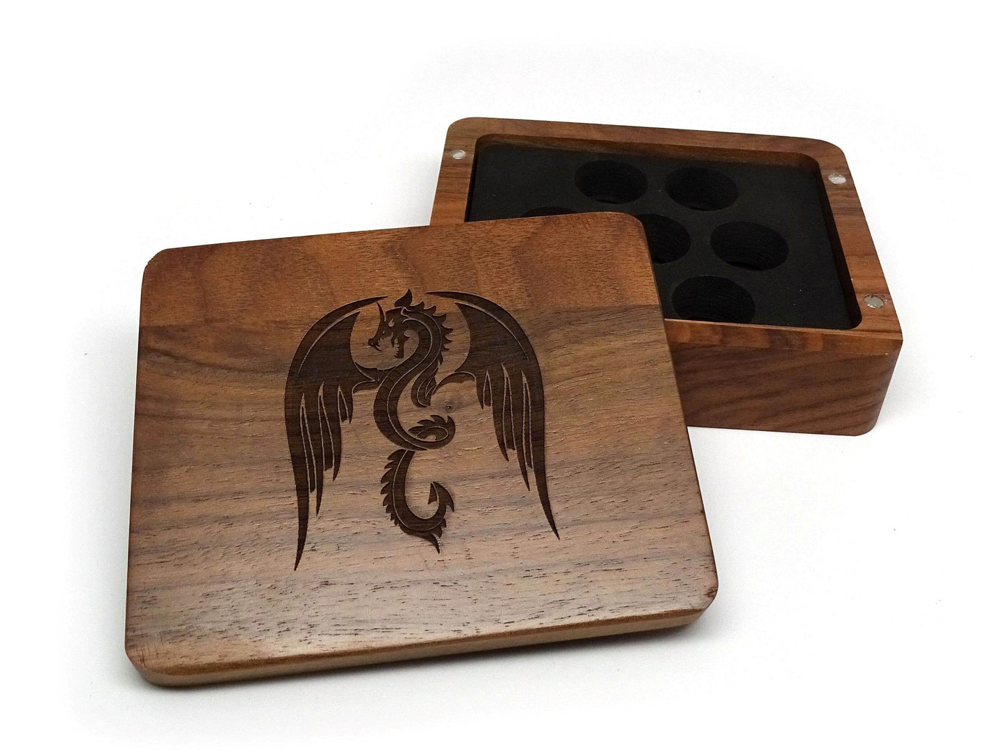 Flying Dragon Wooden Dice Case - Walnut Wood