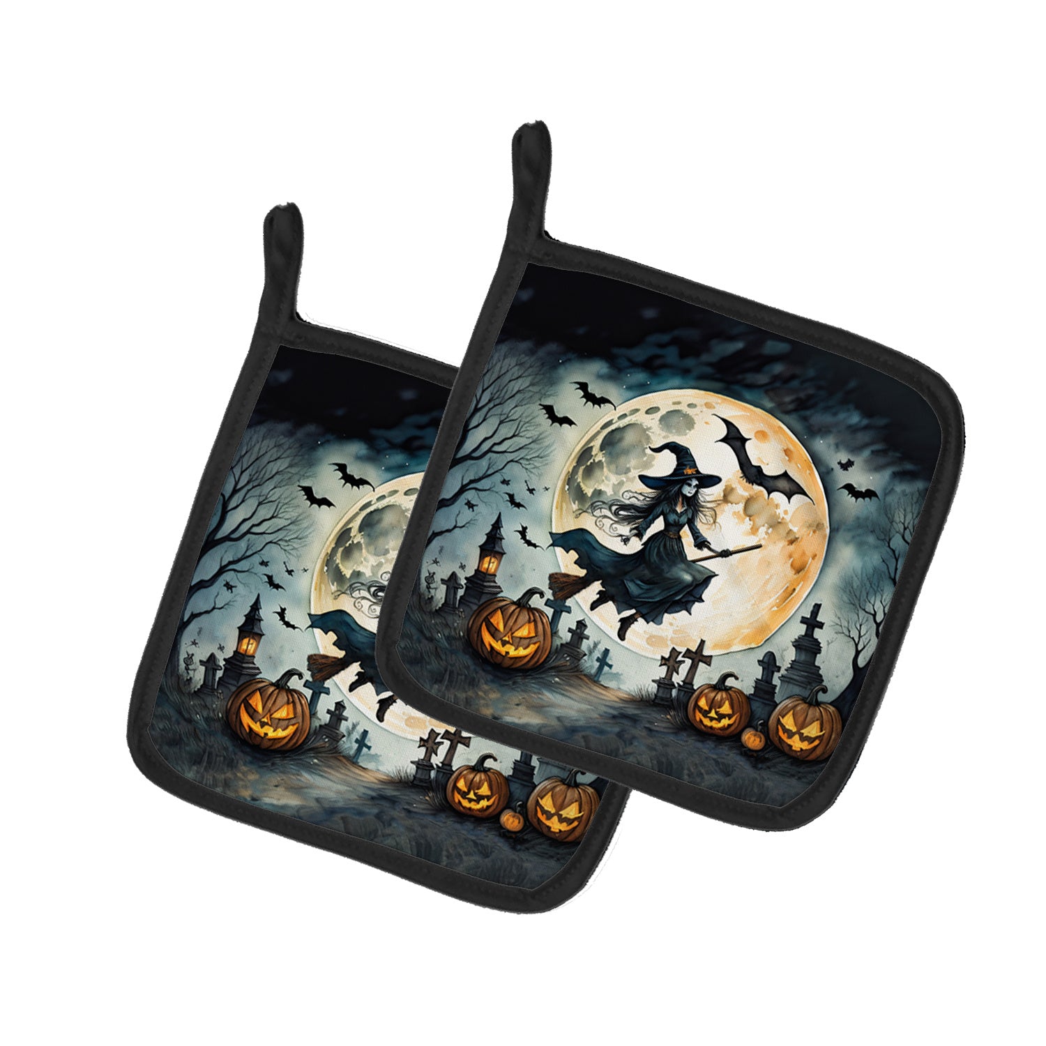 Flying Witch Spooky Halloween Pair of Pot Holders Kitchen Heat Resistant Pot Holders Sets Oven Hot Pads for Cooking Baking BBQ, 7 1/2 x 7 1/2