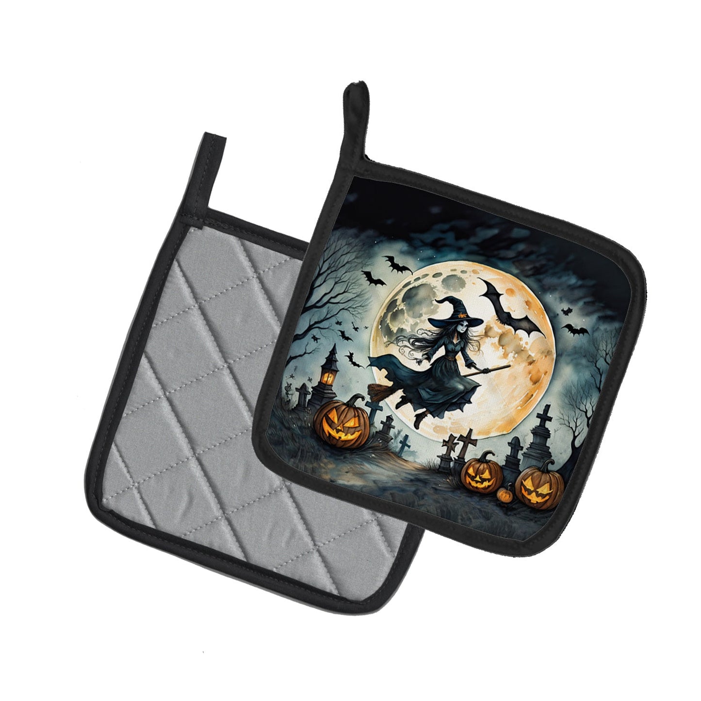 Flying Witch Spooky Halloween Pair of Pot Holders Kitchen Heat Resistant Pot Holders Sets Oven Hot Pads for Cooking Baking BBQ, 7 1/2 x 7 1/2