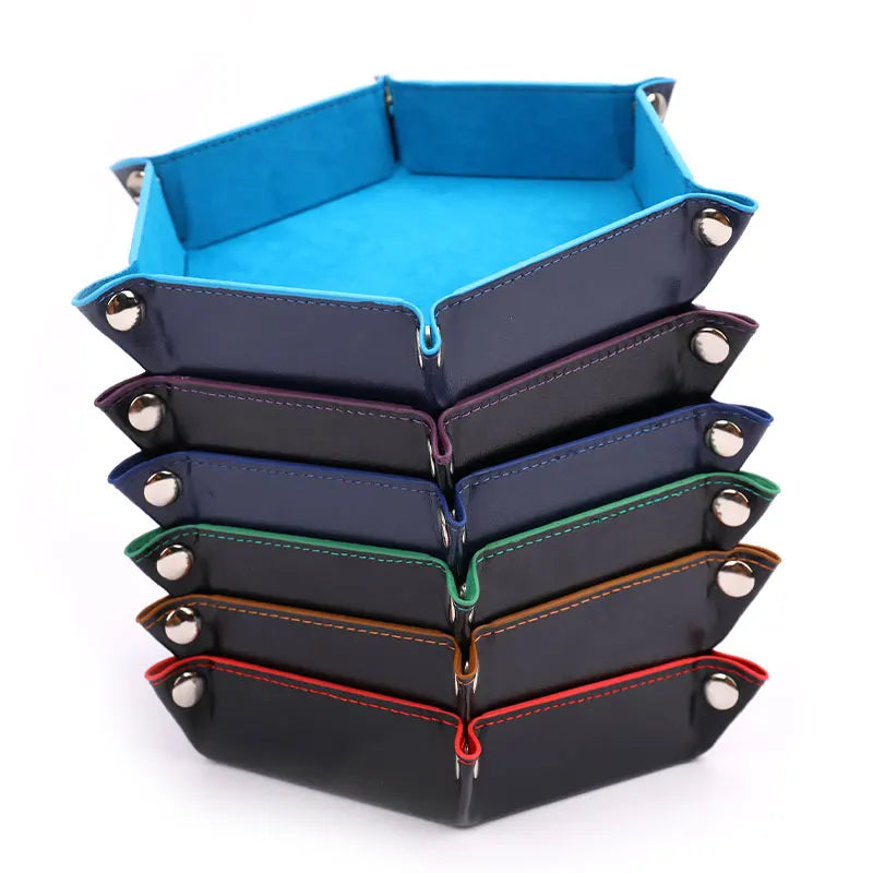 Foldable Dice Tray Box PU Leather Folding Hexagon Coin Square Tray Dice Game 6 Colors