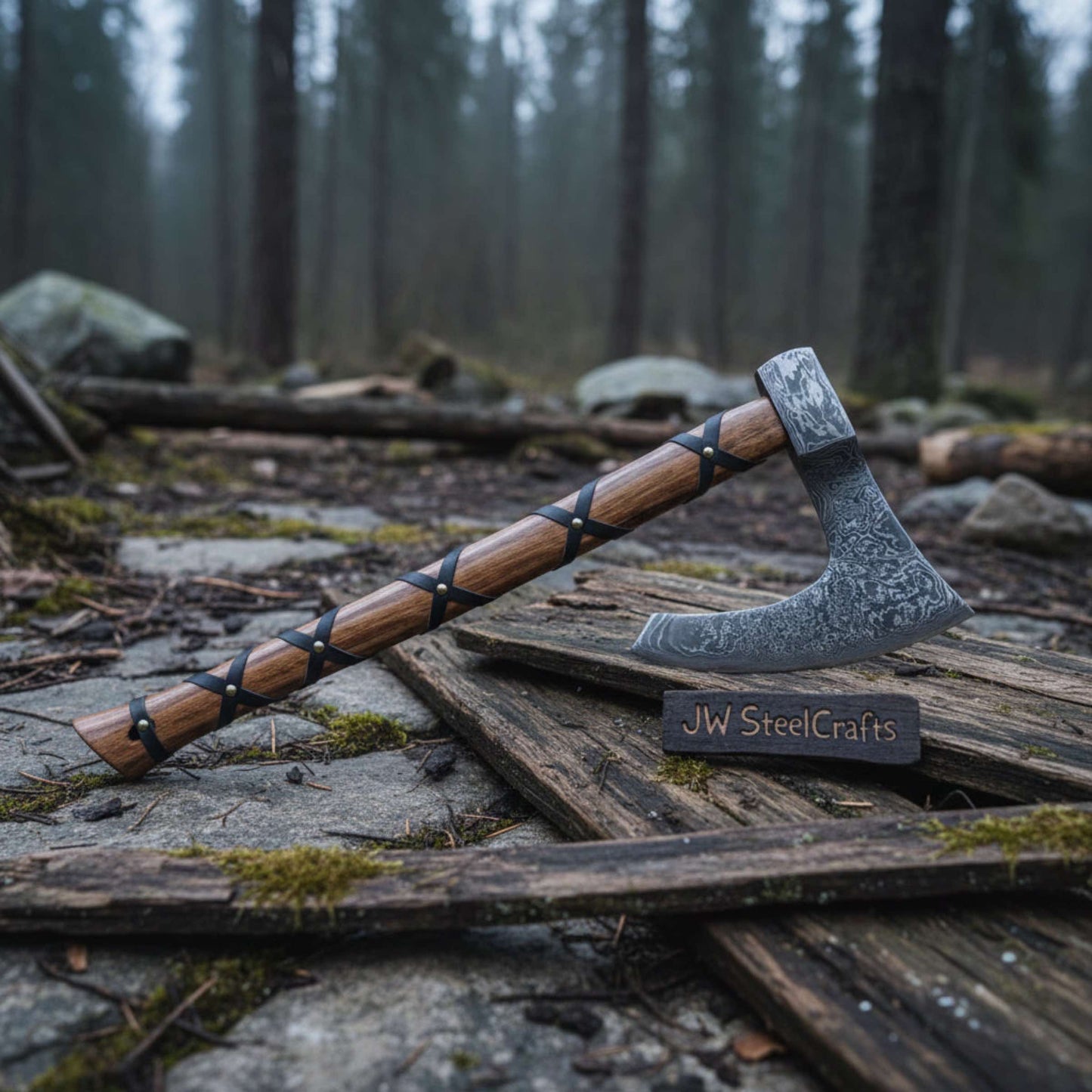 Viking-Style Skeggøx Bearded Damascus Camp Axe with Wrapped Hardwood Shaft and Leather Sheath