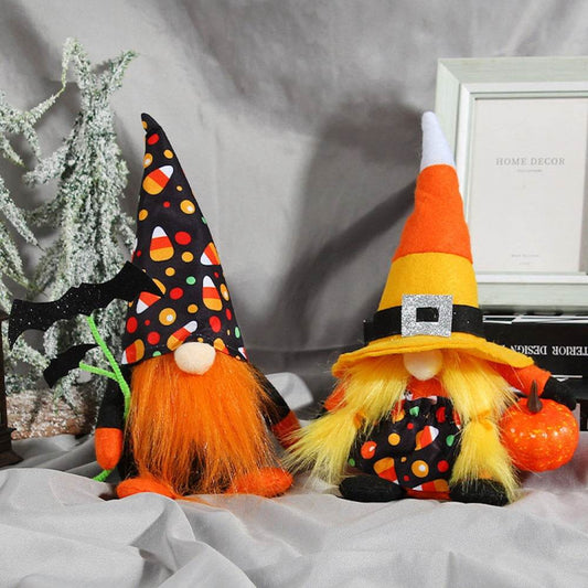Candy Corn Themed Halloween Gnomes, Black Orange and Yellow Plush Colors - Set of Two