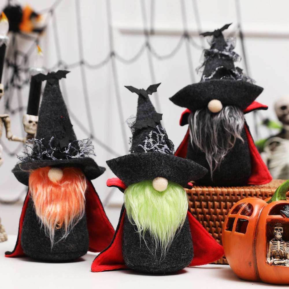 Exotic Vampire Gnomes, Spooky Plush Halloween Decoration with Bats - Set of Three