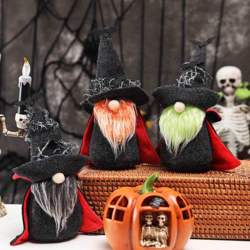 Exotic Vampire Gnomes, Spooky Plush Halloween Decoration with Bats - Set of Three