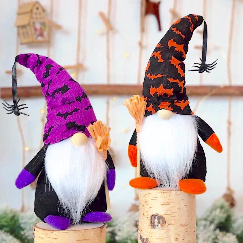 Halloween Gnome Set with Bat and Spider Accents, Orange and Purple Individual Gnomes Holding Broom - Set of Two