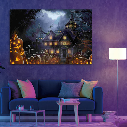 Framed Canvas Wall Art Decor Painting For Halloween, Haunted Jack-o-lanterns Farm Painting For Halloween Gift,4028in- Thickness 1.5inch