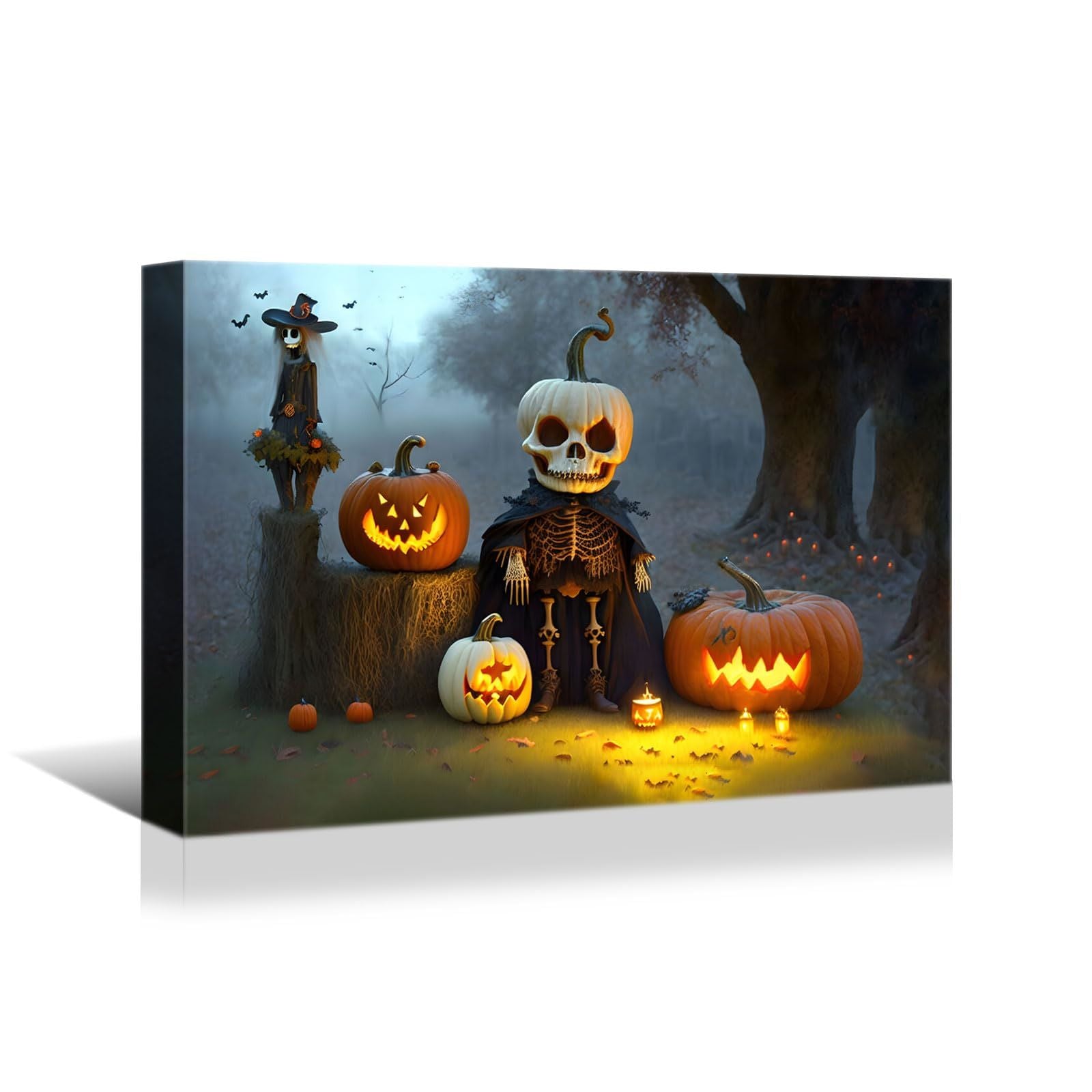 Framed Canvas Wall Art Decor Painting For Halloween, Skeleton with Jack-o-lanterns Painting For Halloween Gift,4028in- Thickness 1.5inch