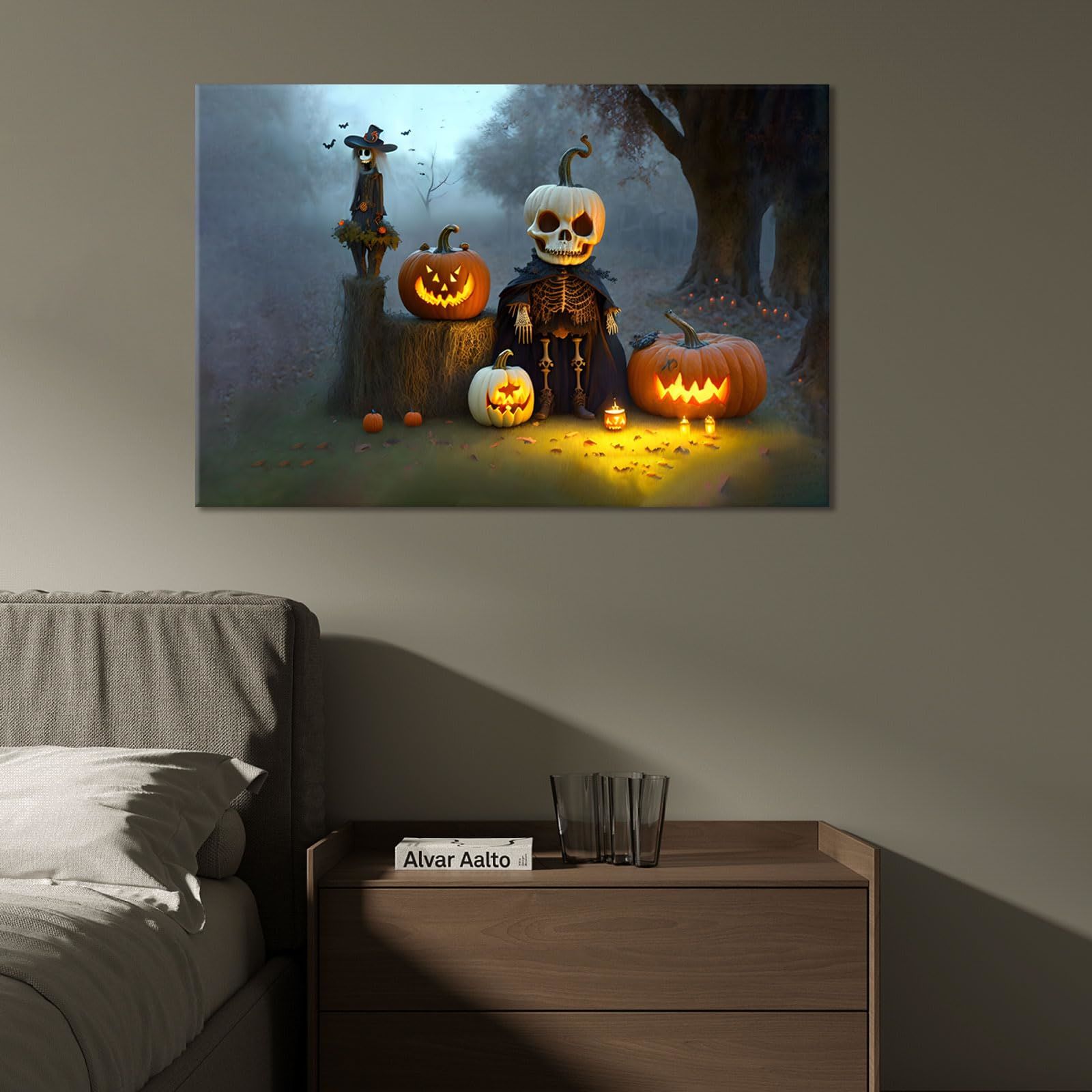 Framed Canvas Wall Art Decor Painting For Halloween, Skeleton with Jack-o-lanterns Painting For Halloween Gift,4028in- Thickness 1.5inch