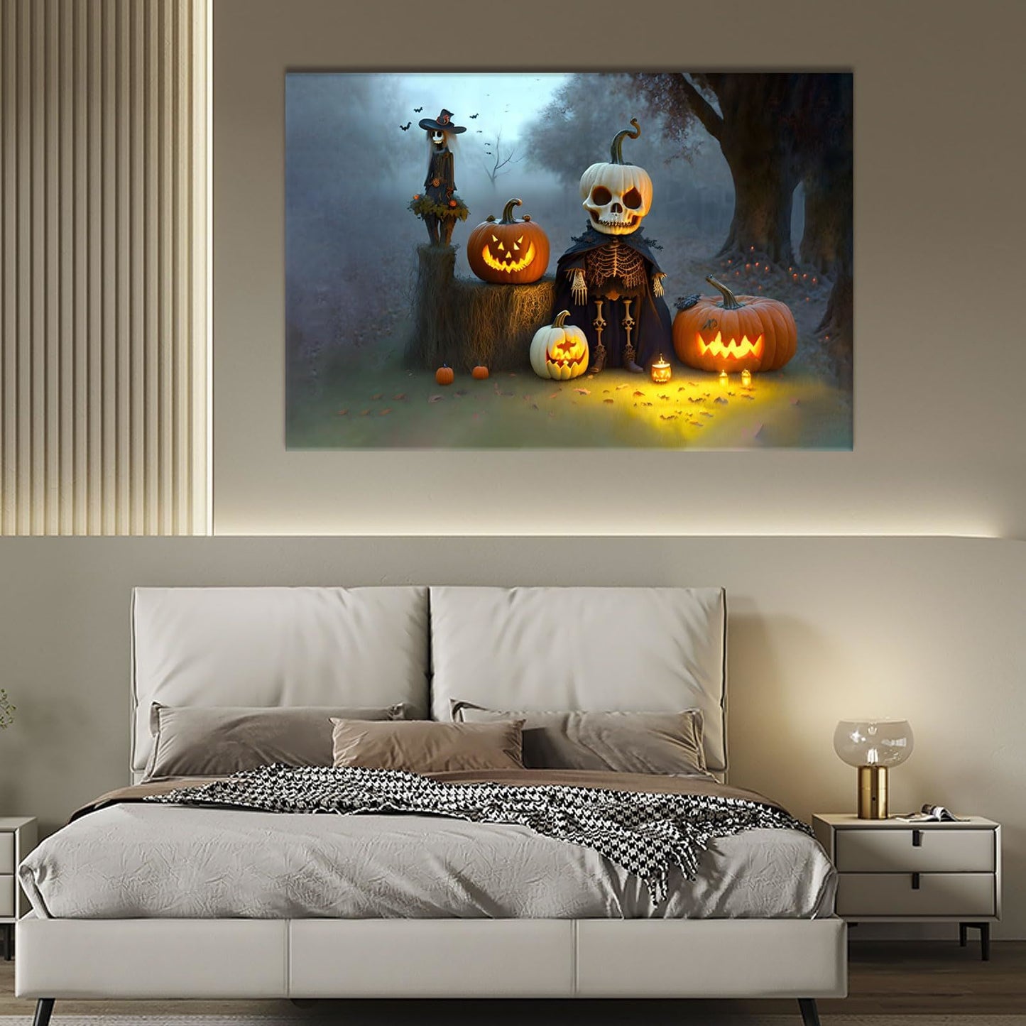 Framed Canvas Wall Art Decor Painting For Halloween, Skeleton with Jack-o-lanterns Painting For Halloween Gift,4028in- Thickness 1.5inch