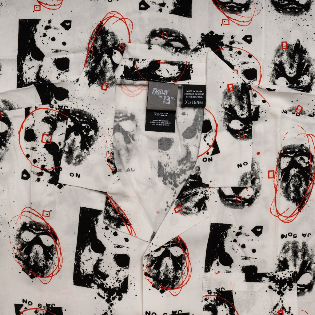 Friday The 13th Jason Rayon Button up Shirt SS Mask Scribble White