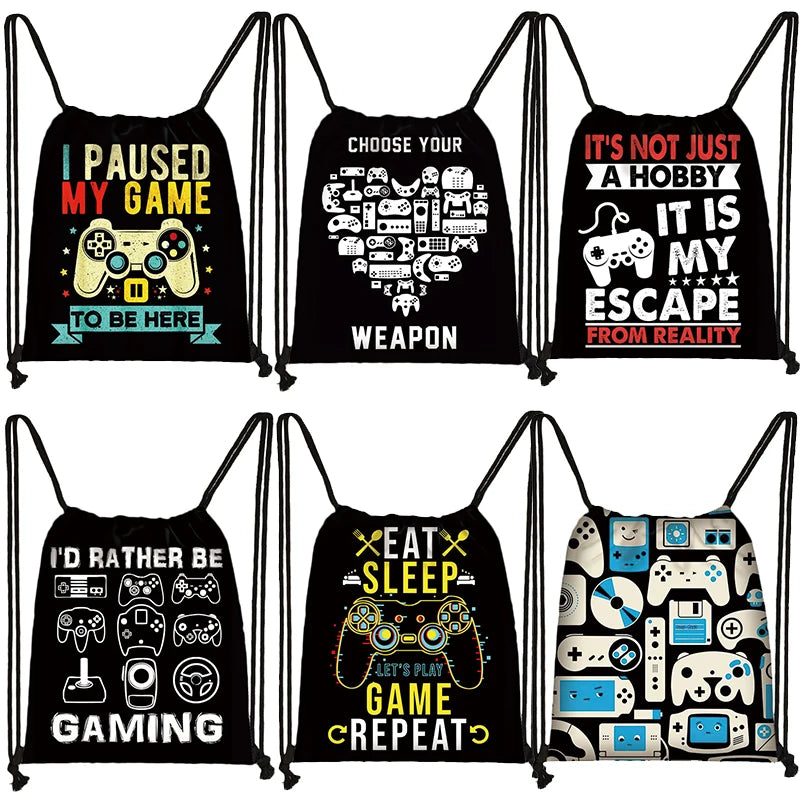 Funny Choose Your Weapon Gamer Print Drawstring Bag Women Men Backpacks Video Game Fan Shoulder Bag for Travel Shoes Holder