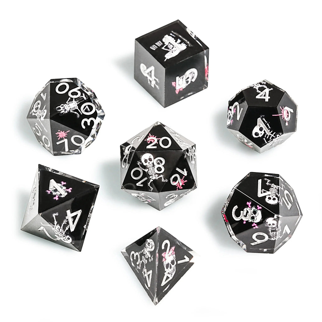 Funny Skull Black Resin DND Dice Set + Silver Numbers