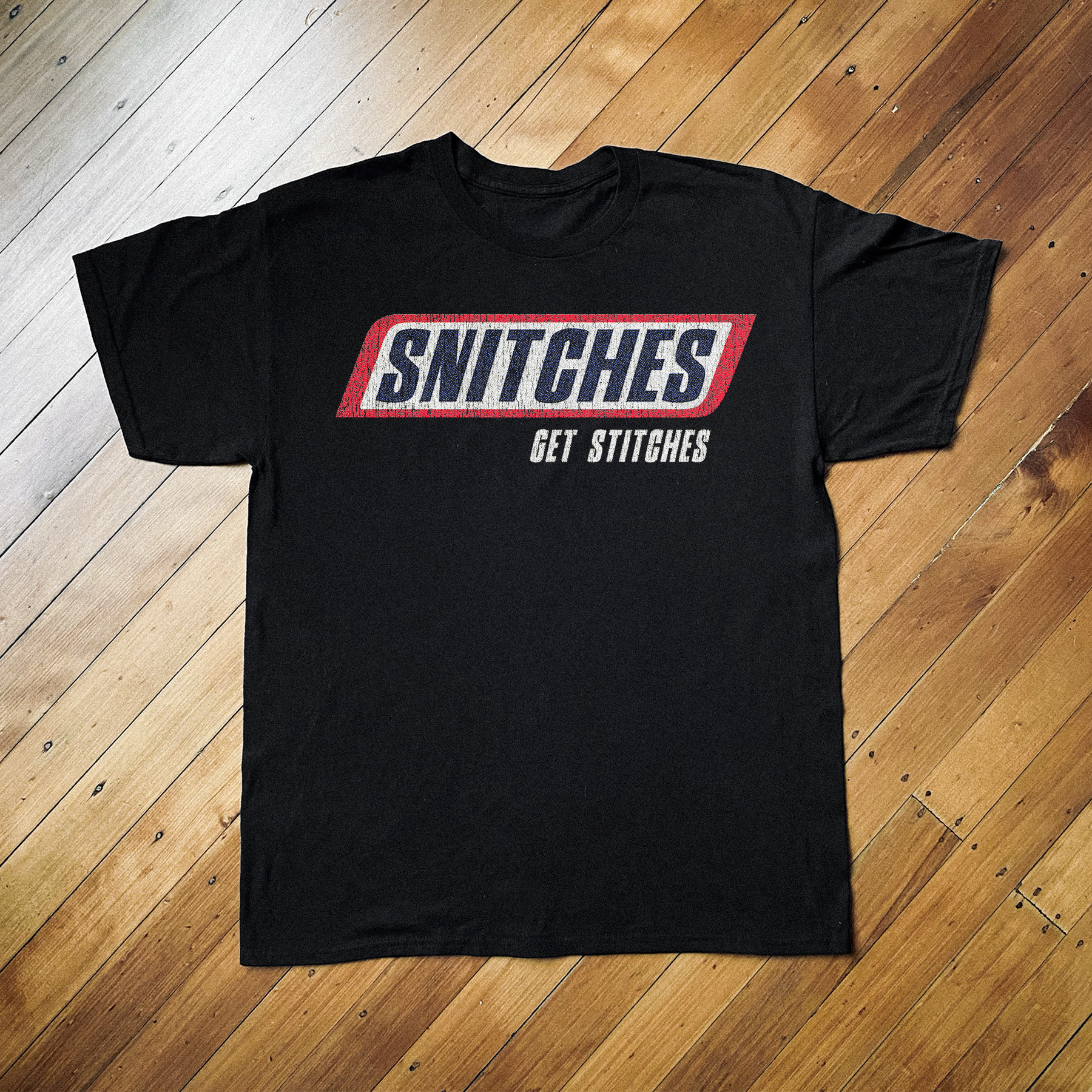90'S Snitches Get Stitches Snickers Parody Vintage Black T-Shirt