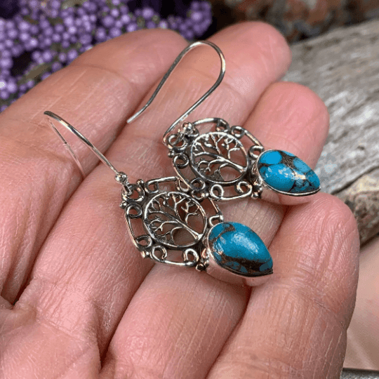 Ancient Tree of Life Earrings - Green Chalcedony