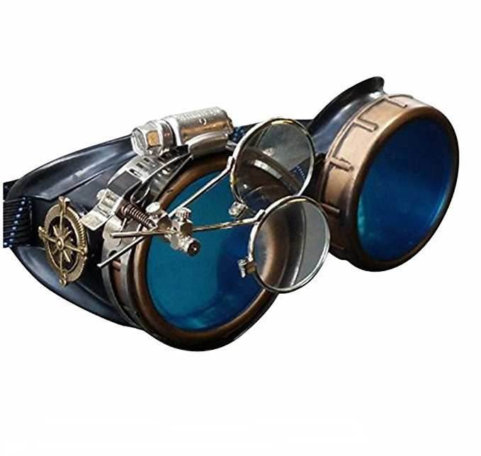 Victorian Steampunk Goggles with magnifying eye loupes blue lenses - 