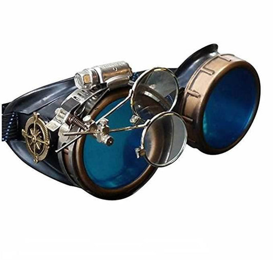 Victorian Steampunk Goggles with magnifying eye loupes blue lenses - 